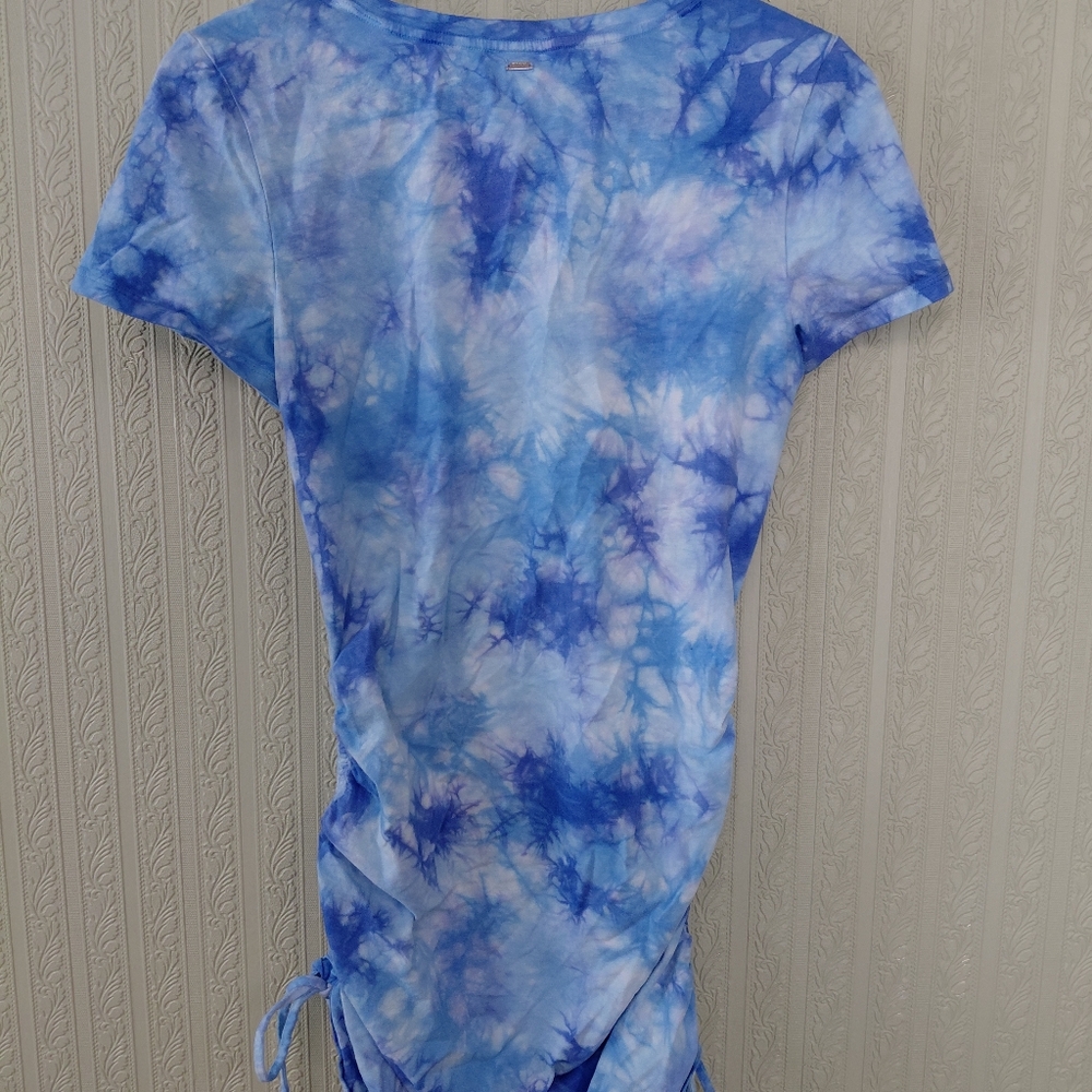 PINK Blue Tie-Dye Ruched Dress Casual Spring Summer - Picture 4 of 5